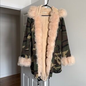 Camouflage Coat with Cream/Pink Faux Fur Trim